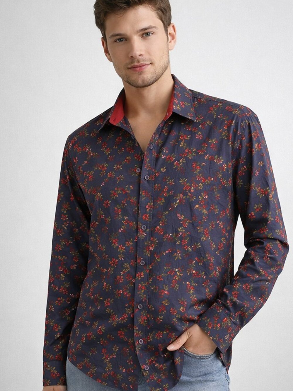 Barabas Mens XL Floral Button Up Shirt Red Blue Cotton Long Sleeve Casual Bold